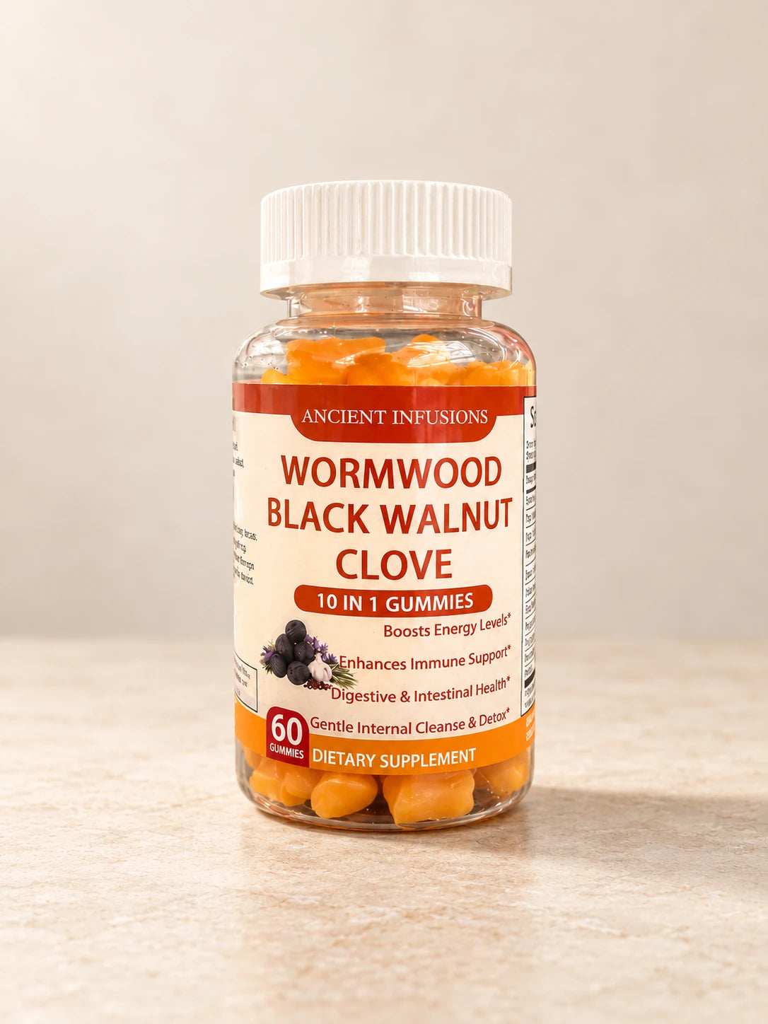 Wormwood Black Walnut & Clove 10 in 1 Gummies 60 Count product packaging on a warm ivory background