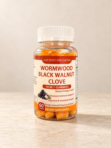 Wormwood Black Walnut & Clove 10 in 1 Gummies 60 Count product packaging on a warm ivory background