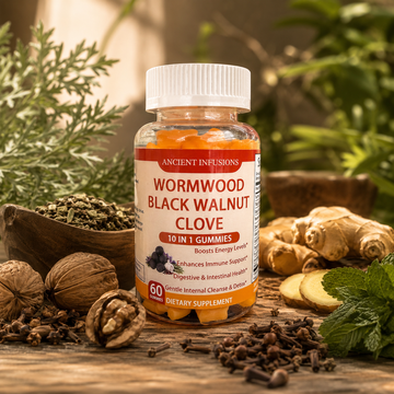 A bottle of Ancient Infusions Wormwood Black Walnut Clove dietary supplement gummies, styled on a rustic wooden surface with herbal ingredients like walnuts, ginger, cloves, and mint.