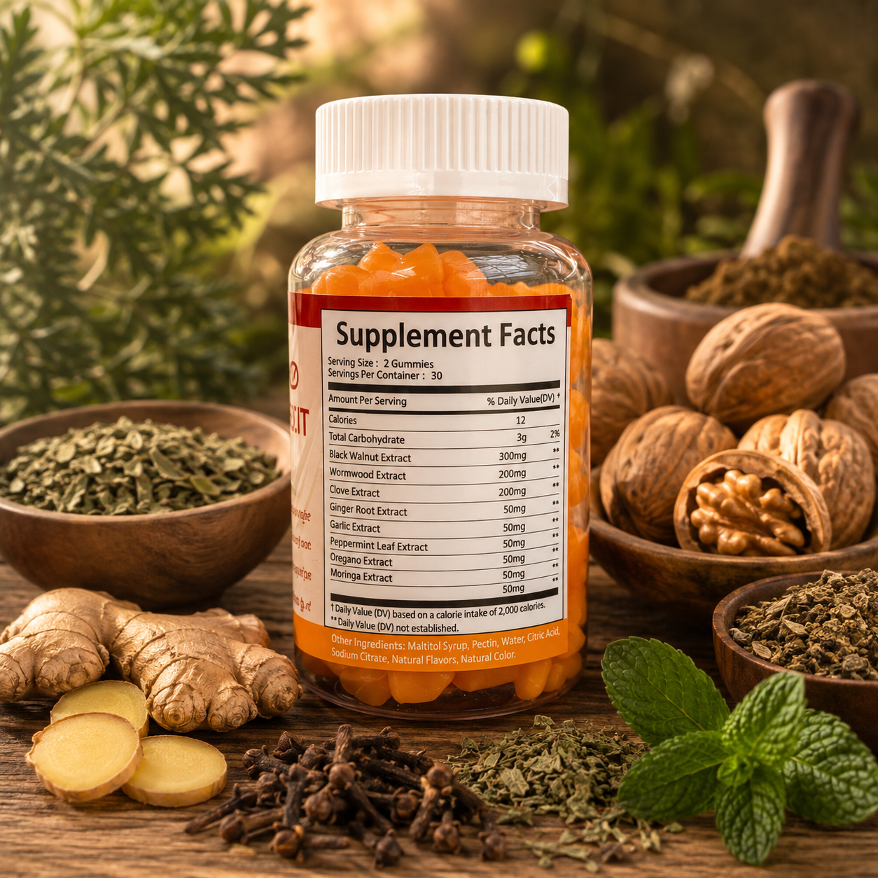 A clear supplement bottle with a white cap and a Supplement Facts label stands on a wooden surface surrounded by ginger roots, mint leaves, walnuts, dried herbs, and a mortar and pestle. The bottle contains orange-colored capsules or powder, and the scene is styled with natural ingredients in warm, rustic lighting.