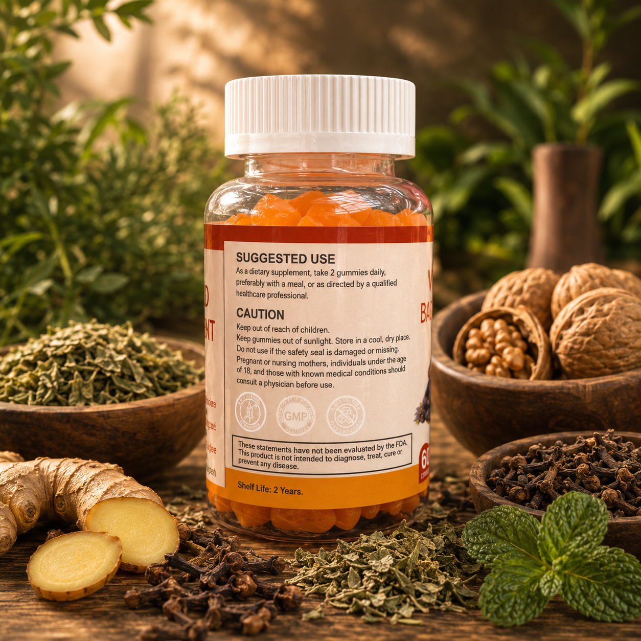 A white plastic bottle of herbal supplement powder with an orange label, surrounded by ginger root, dried herbs, mint leaves, and a rustic wooden background.