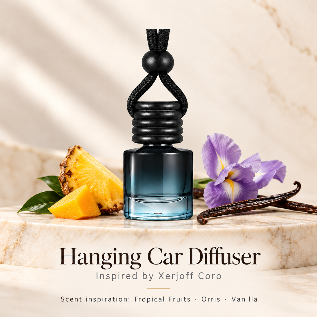 Hanging car diffuser inspired by Xerjoff Coro, with scent illustrations on warm ivory stone