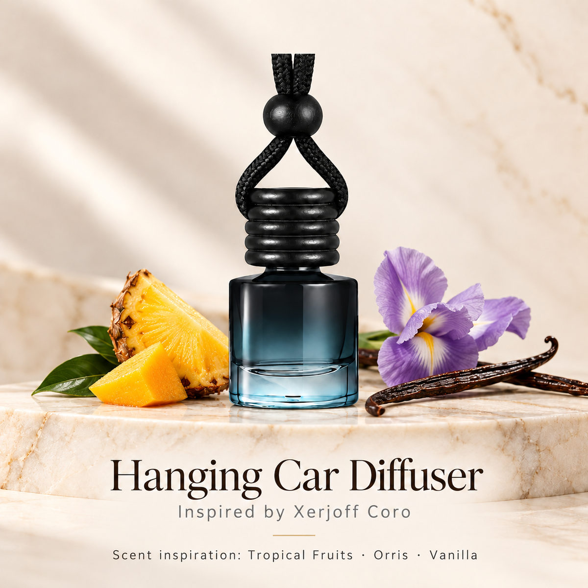 Hanging car diffuser inspired by Xerjoff Coro, with scent illustrations on warm ivory stone