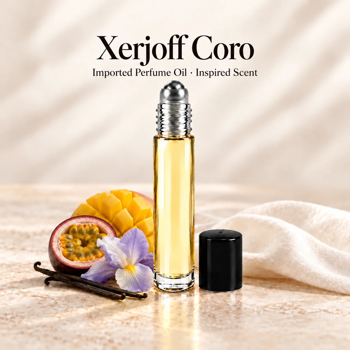 Xerjoff Coro Perfume Oil in a slim glass roll-on bottle with a silver roller and black cap on an ivory stone surface.