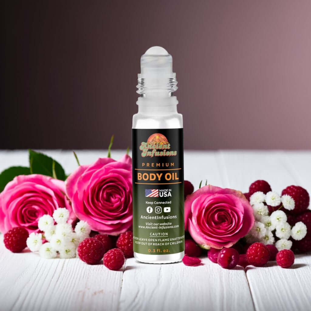 Bottle of Bath & Body Works You Are the One Inspired Body Oil surrounded by pink roses and berries on a white wooden table.