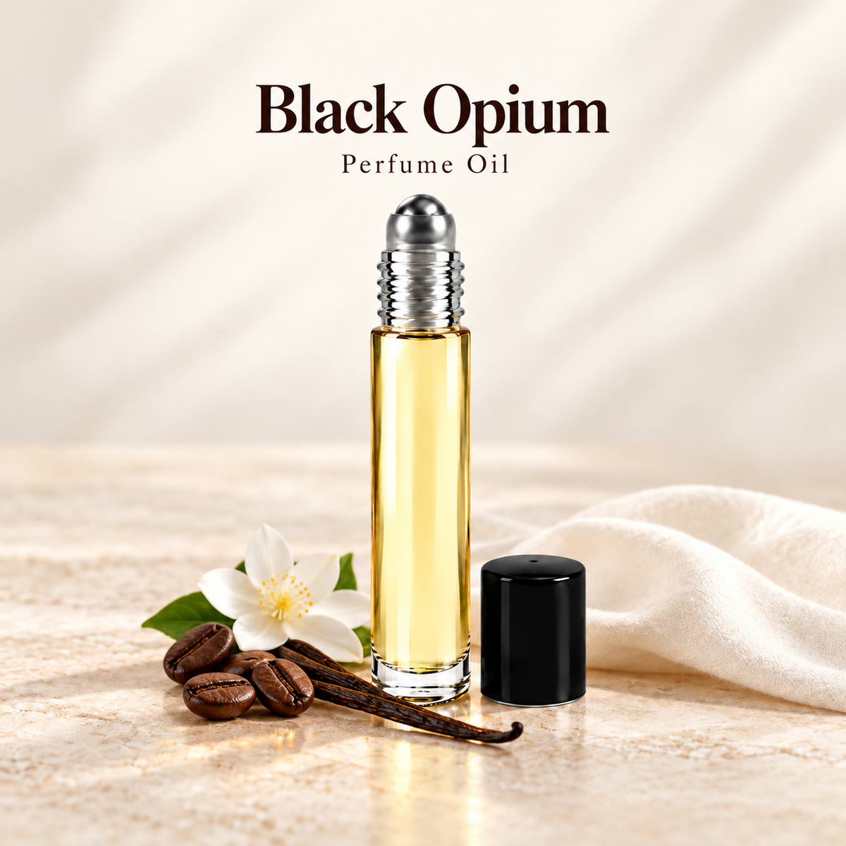YSL Black Opium Perfume Oil with simple scent note accents on soft ivory