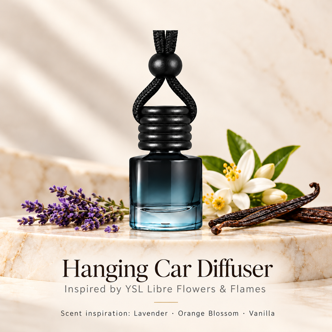 Hanging car diffuser inspired by YSL Libre Flowers & Flames, with scent illustrations on warm ivory stone