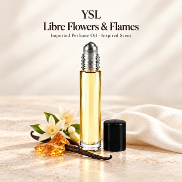 YSL Libre Flowers & Flames Perfume Oil with minimal scent note accents on soft ivory