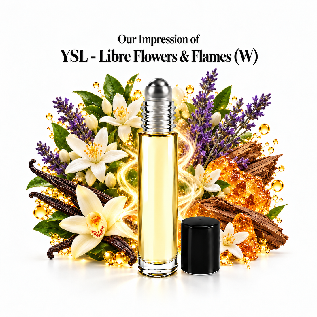 Our impression of YSL - Libre Flowers & Flames Perfume Oil with fragrance notes on white