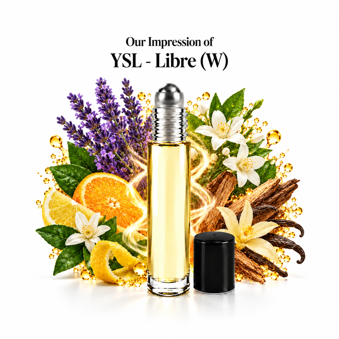 YSL Libre Perfume Oil roll-on with scent-note imagery
