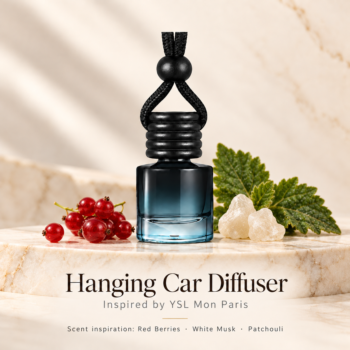 Hanging car diffuser inspired by YSL Mon Paris, with scent illustrations on warm ivory stone