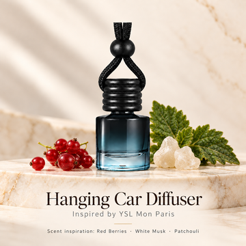 Hanging car diffuser inspired by YSL Mon Paris, with scent illustrations on warm ivory stone