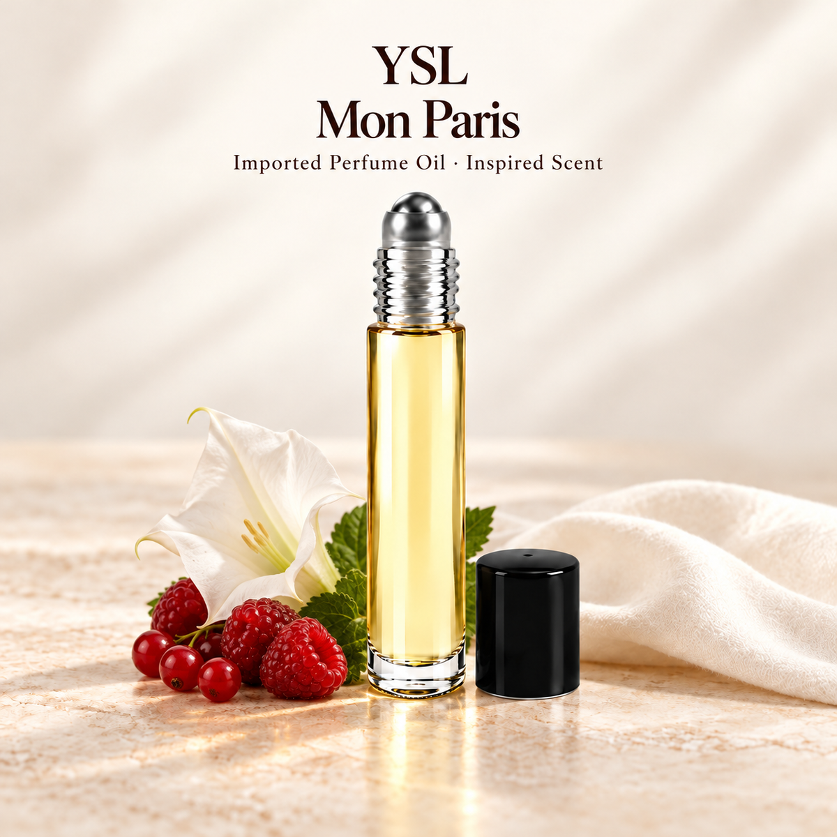 YSL Mon Paris Perfume Oil with minimal scent note accents on soft ivory