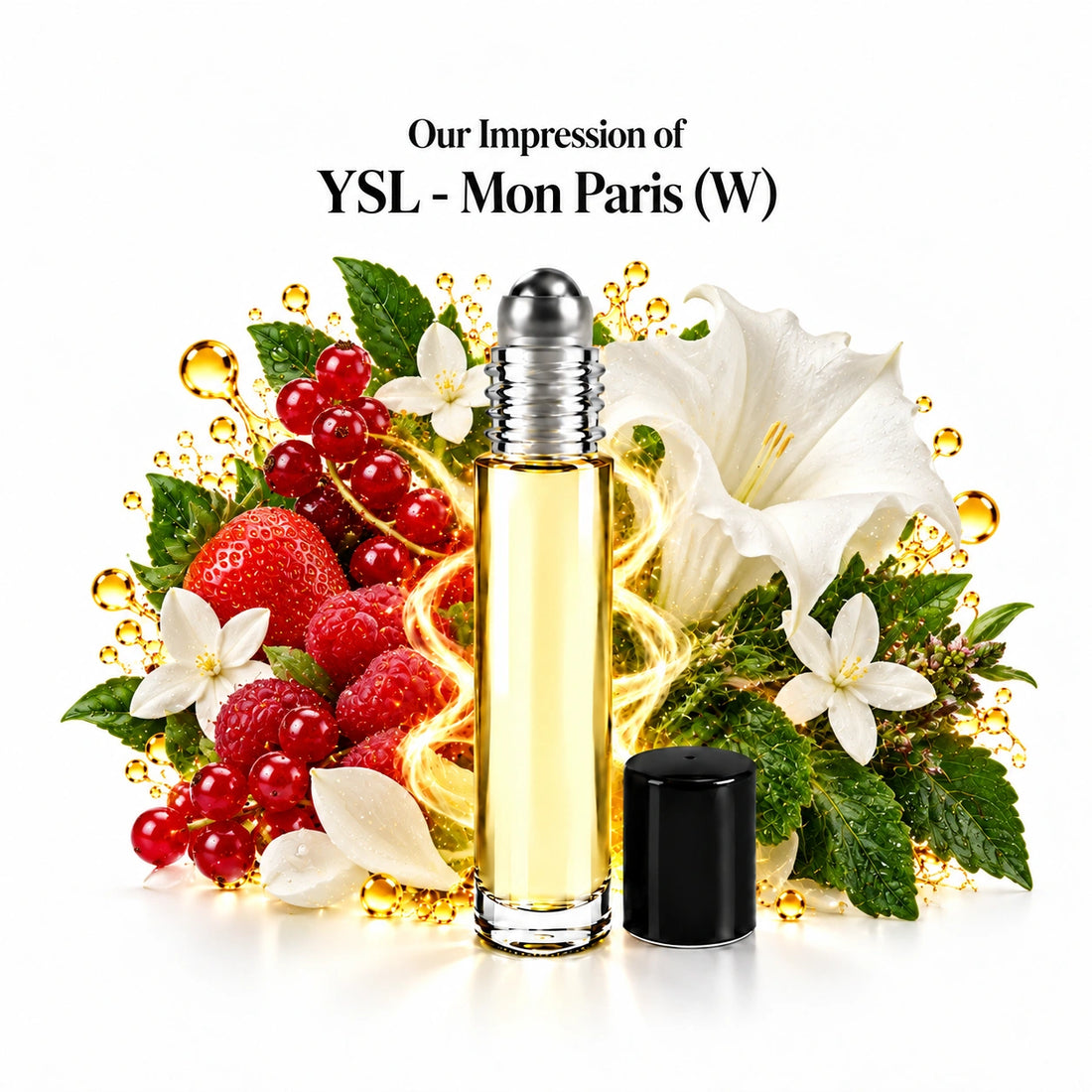 Our impression of YSL Mon Paris perfume oil with fragrance notes on white