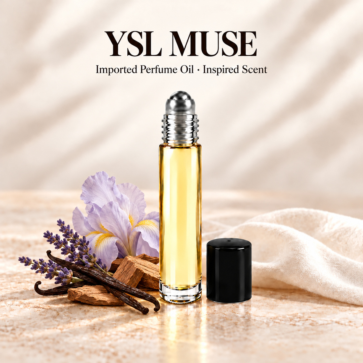 YSL Muse inspired imported perfume oil in an Ancient Infusions glass roll-on bottle on ivory stone, with iris, lavender, vanilla pods and wood scent cues.
