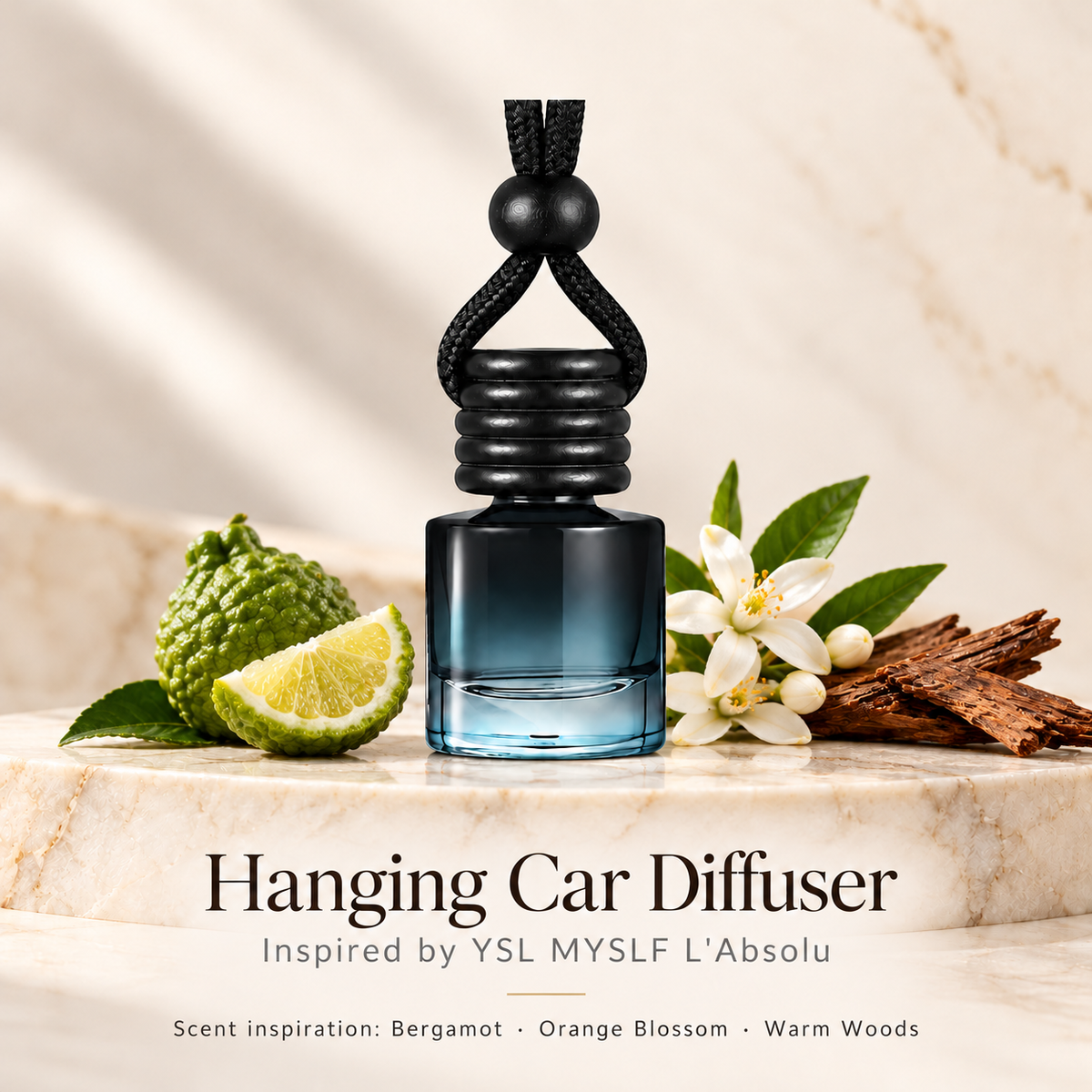 Hanging car diffuser inspired by YSL MYSLF L'Absolu, with scent illustrations on warm ivory stone