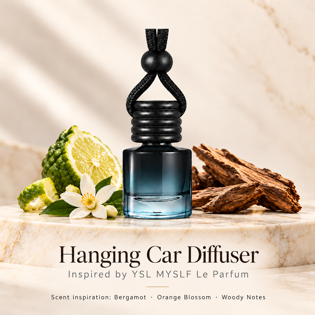 Hanging car diffuser inspired by YSL MYSLF Le Parfum, with scent illustrations on warm ivory stone