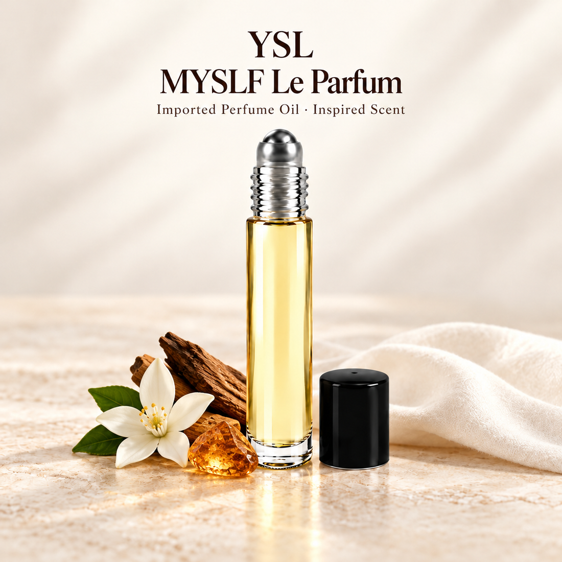 YSL MYSLF Le Parfum Perfume Oil with minimal scent note accents on soft ivory