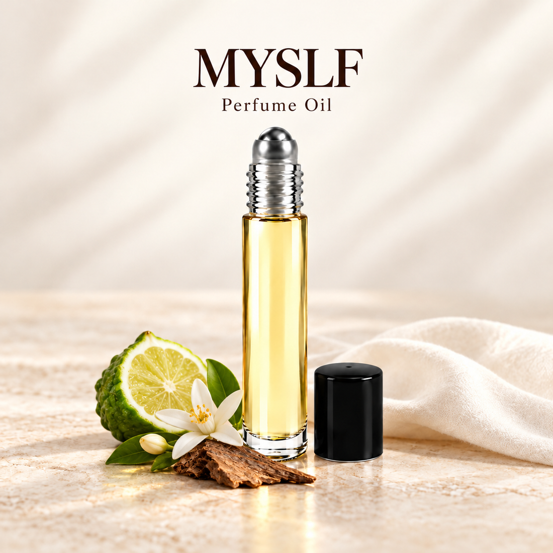 YSL MYSLF Perfume Oil with simple scent note accents on soft ivory