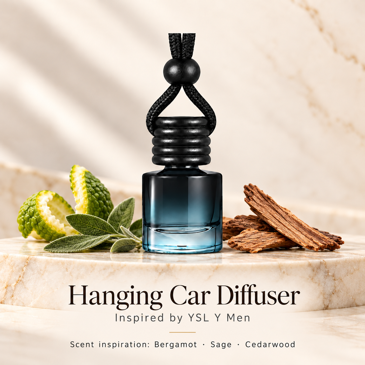 Hanging car diffuser inspired by YSL Y Men, with scent illustrations on warm ivory stone