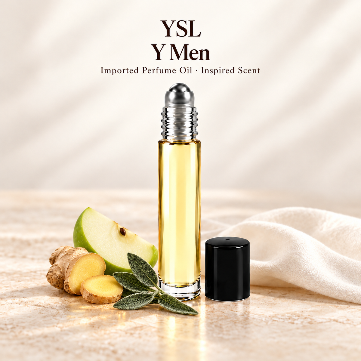 YSL Y Men Perfume Oil with minimal scent note accents on soft ivory