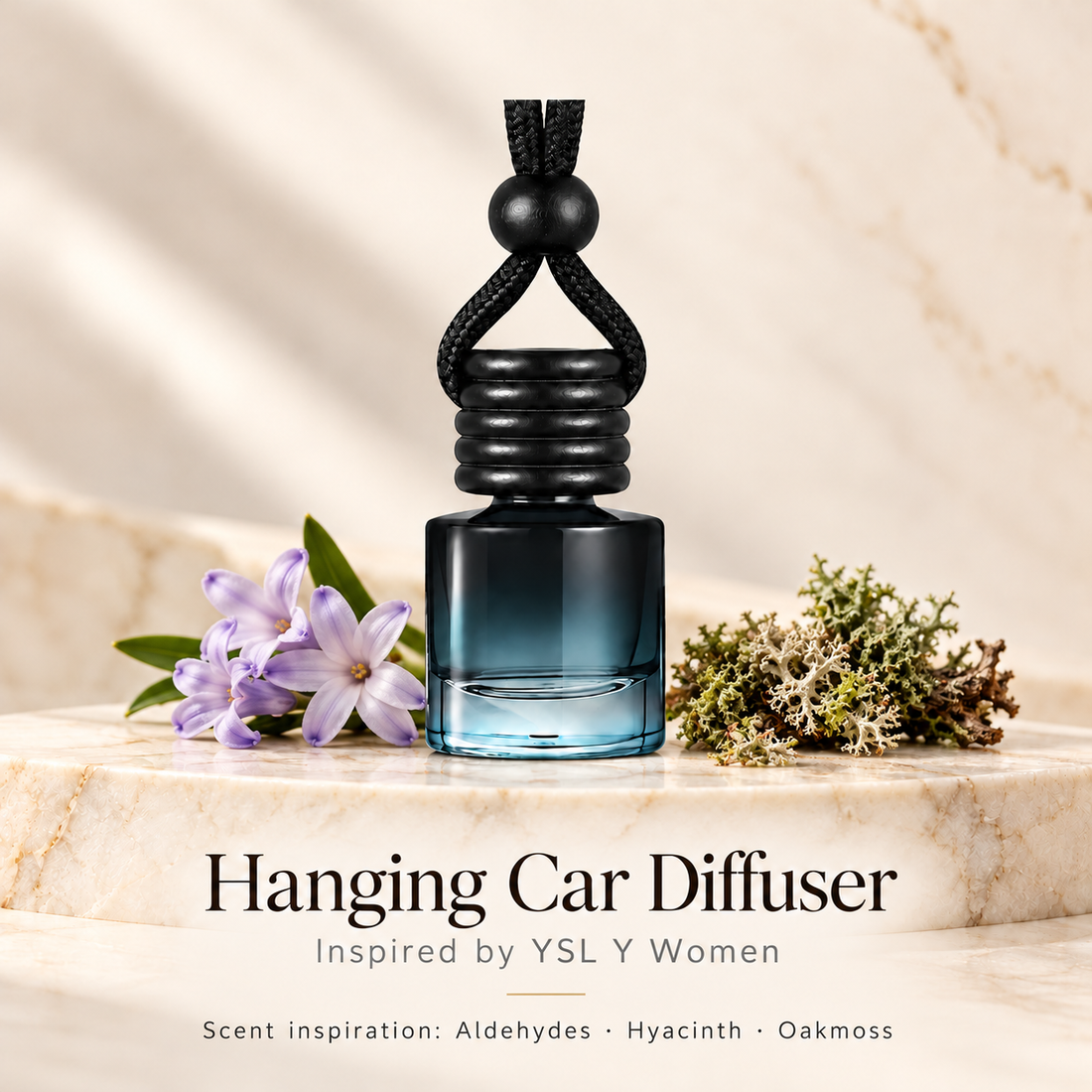 Hanging car diffuser inspired by YSL Y Women, with scent illustrations on warm ivory stone