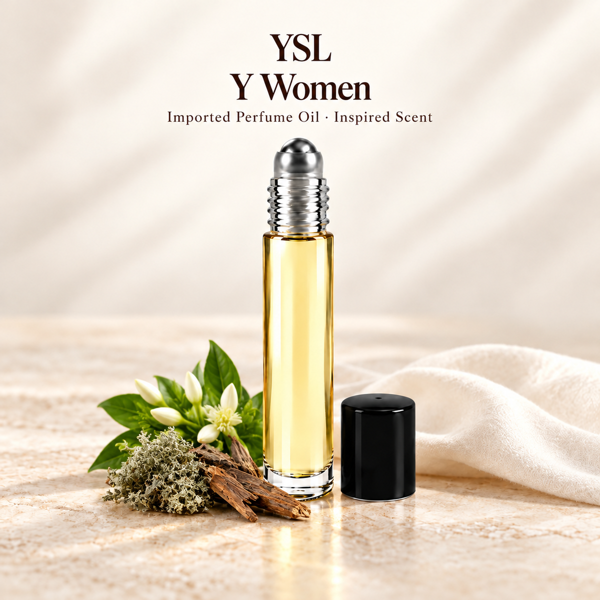 YSL Y Women Perfume Oil with minimal scent note accents on soft ivory