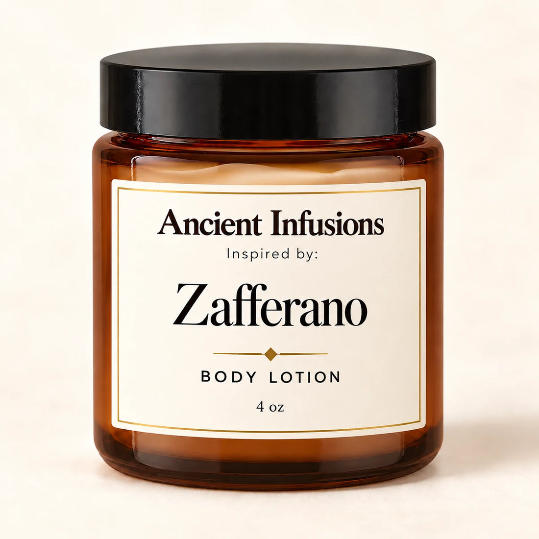 Zafferano Inspired Body Lotion — Ancient Infusions 4 oz amber glass jar